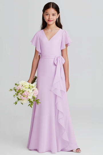 Violet V-Neck A-ligne Mousseline de soie Manches courtes Longue Robe de demoiselle d’honneur Junior